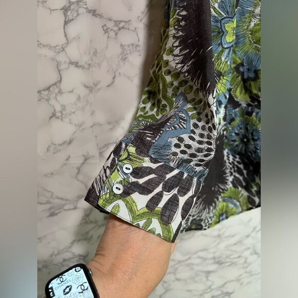 Lafayette 148 Womens Top Linen Blend Floral Print Blue Brown Front Tie Size 8 - Picture 2 of 7